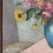 Antique painting, still life with blue vase and flowers, mid-20th century