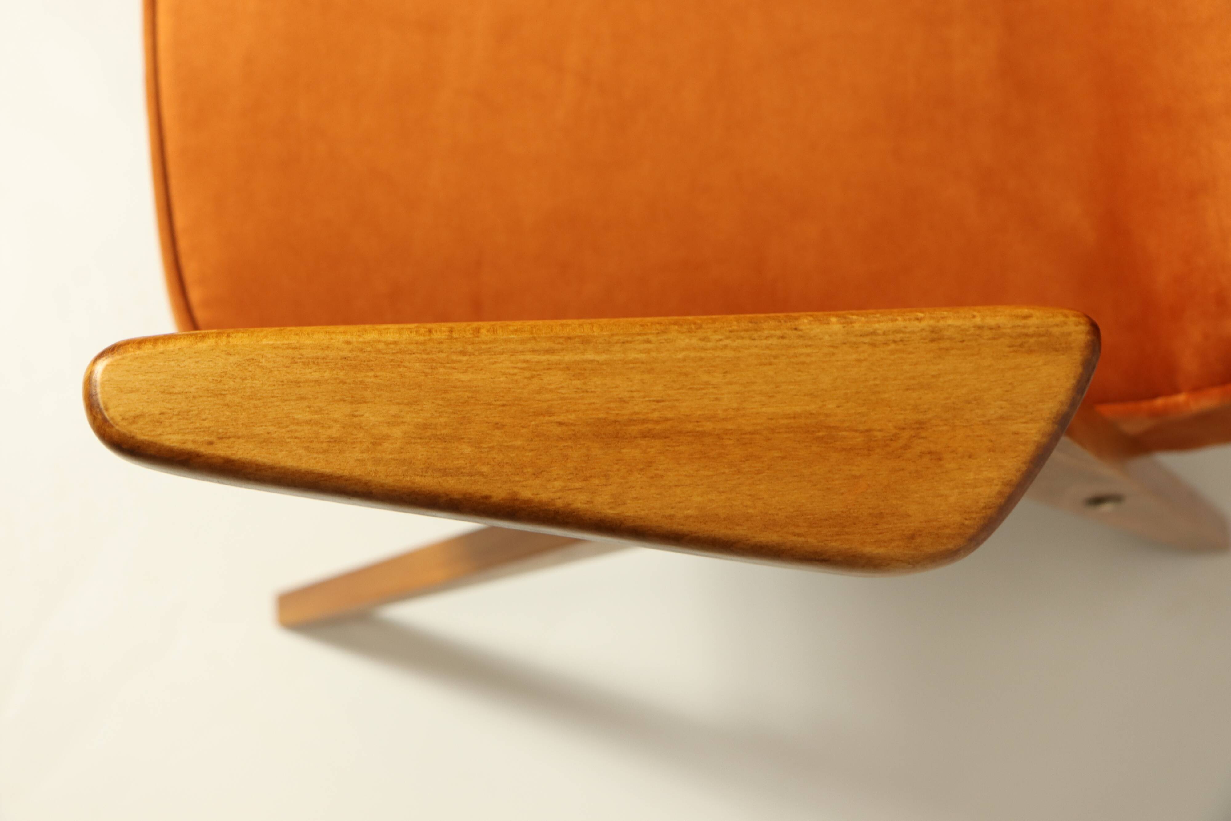 Vintage Lounge Chair Burt Orange by J. Chierowski, 1960, Scandinavian Design Velvet Fabric