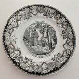 8 old, black and white dessert plates, Lunéville, Country Pranksters