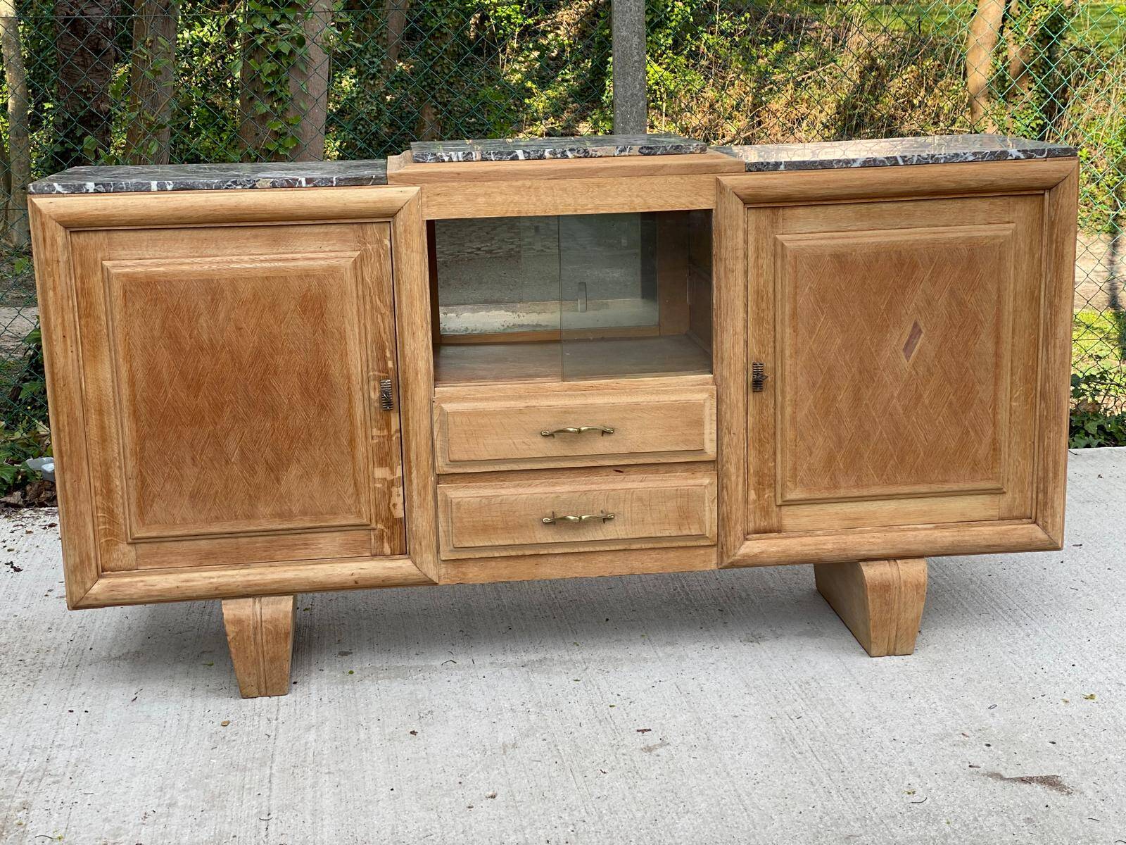 Renovated art deco sideboard in raw solid oak and gray marble 200cm