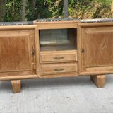 Buffet enfilade art déco rénovée en chêne massif brut et marbre gris 200cm