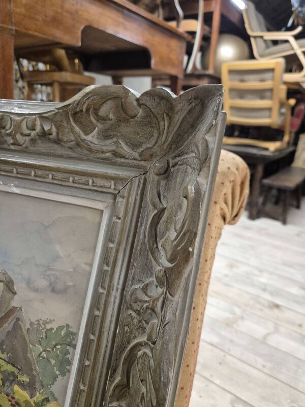 Tableau aquarelle paysage signé Robert Rutz cadre d'origine Montparnasse