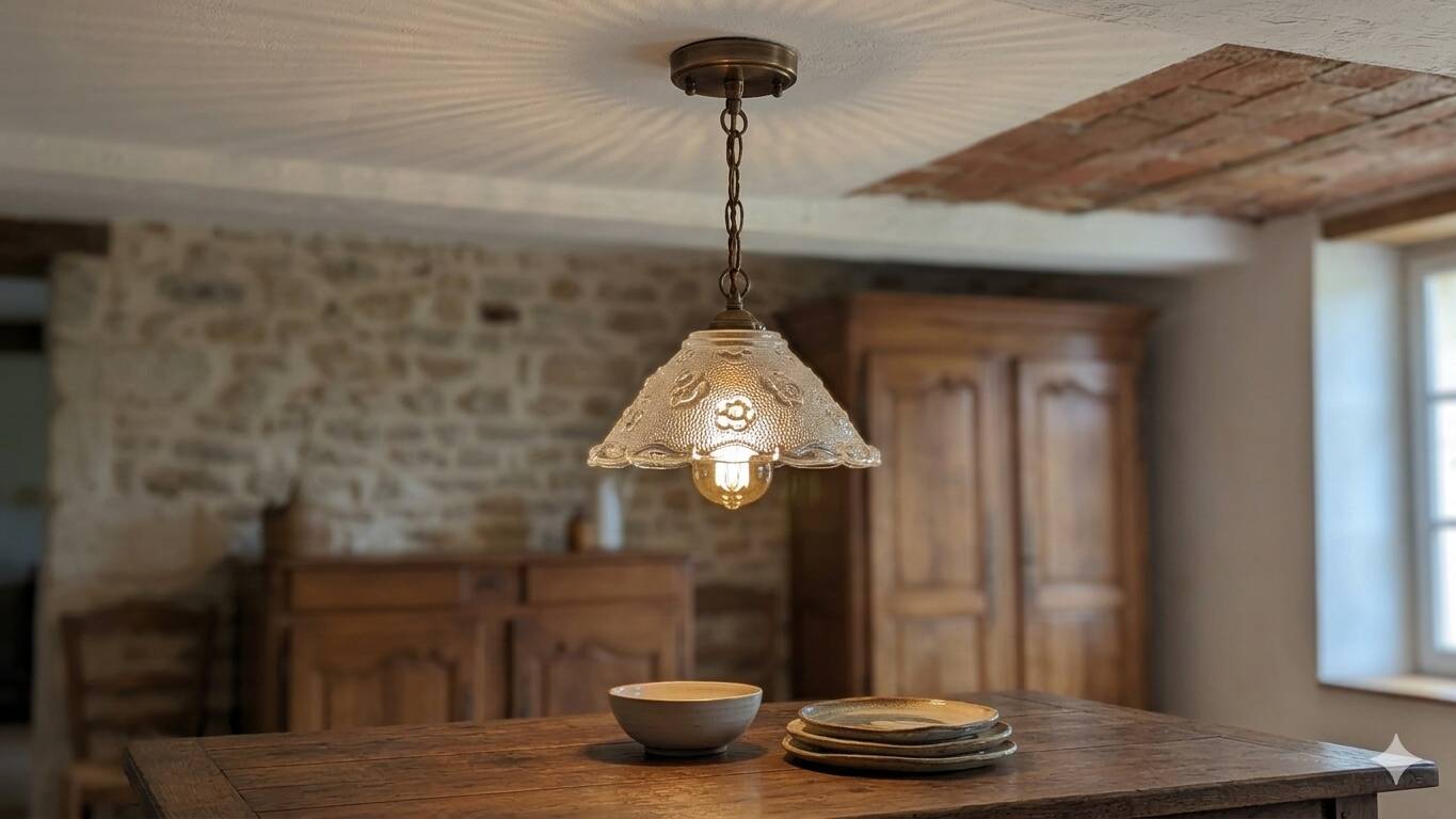 Moulded glass lampshade with floral decoration, granite texture.