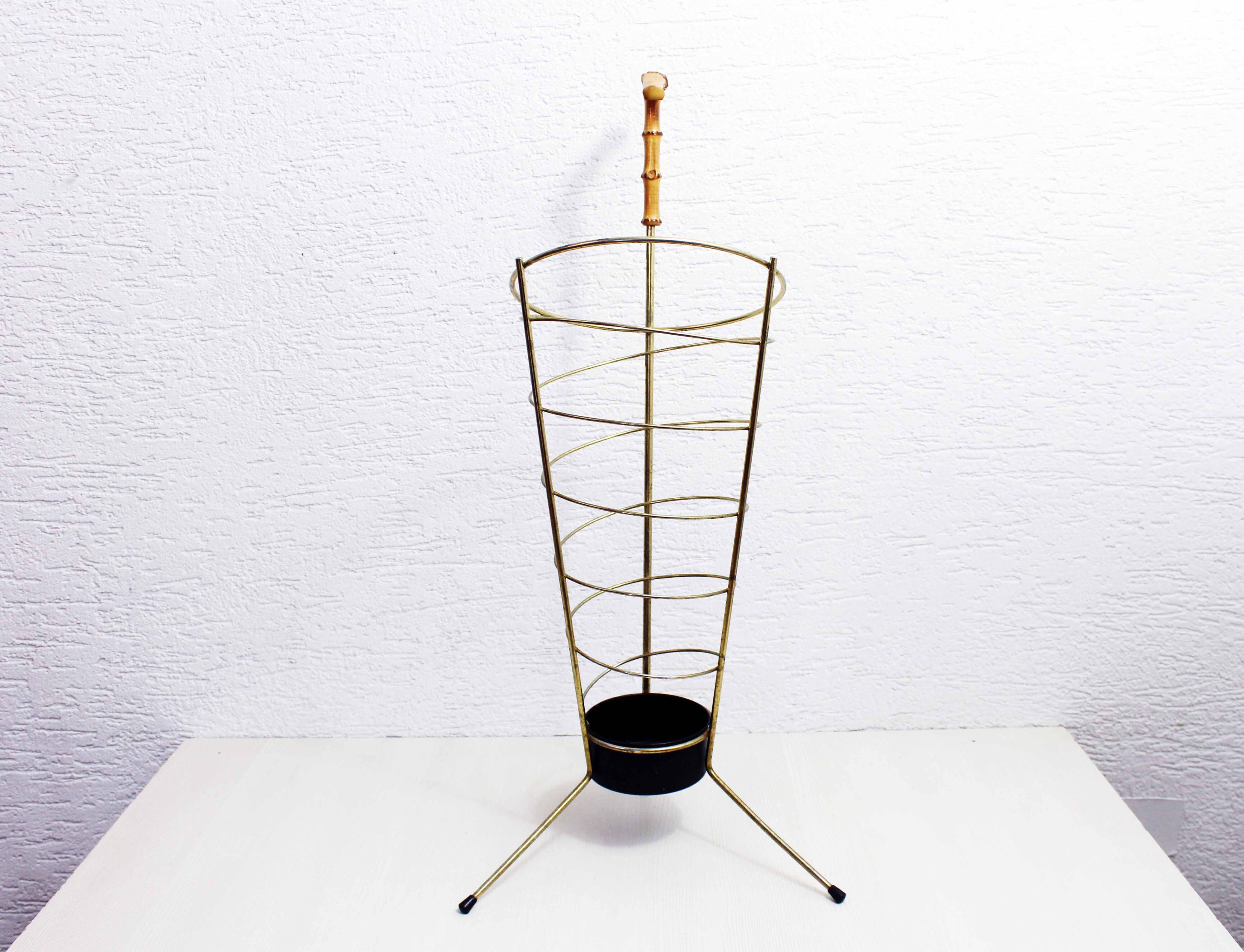 Vintage brass umbrella stand, bamboo handle
