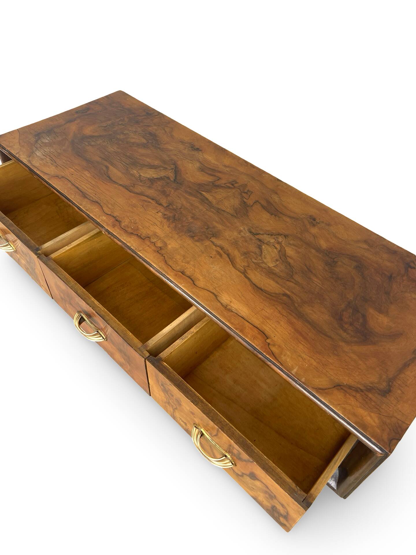 Italian burl walnut art deco console table, 1930s.