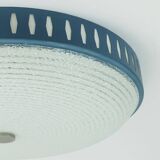 Rare large ceiling light by hillebrand 1960s textured glass blue metal fram
