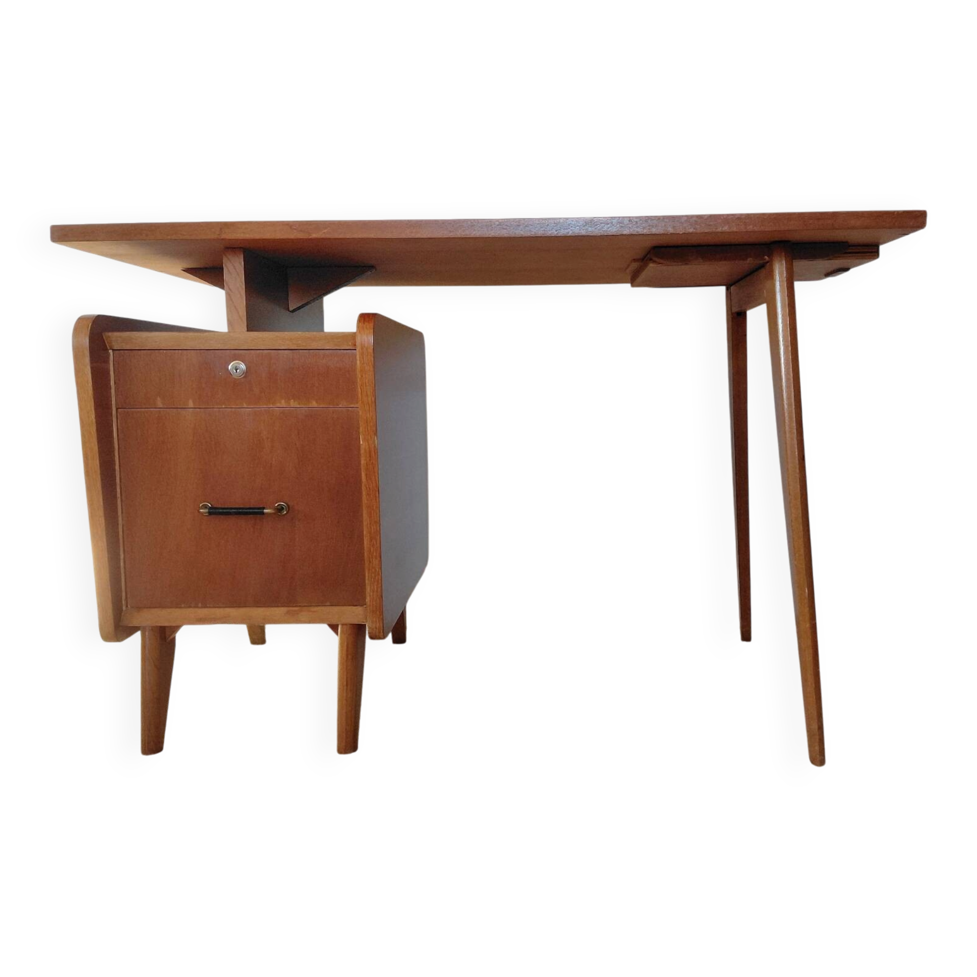 Bureau vintage scandinave à plateau flottant et pieds compas-1960