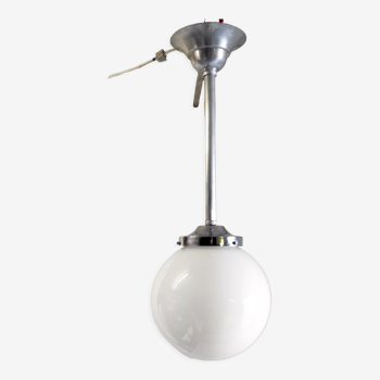 Chromed metal pendant lamp and white opaline globe, 50s/60s