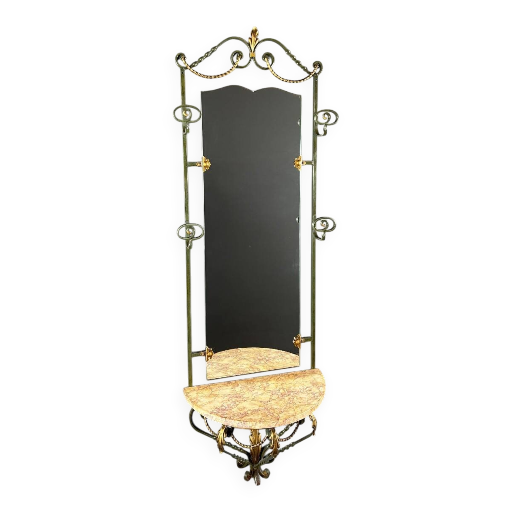 Wall console with mirror, wrought iron and marble, 20th century
