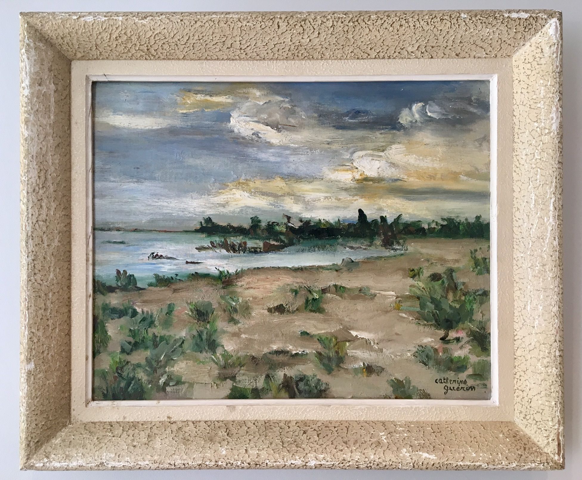 Painting, oil on canvas, landscape, sunset, signed Guerin