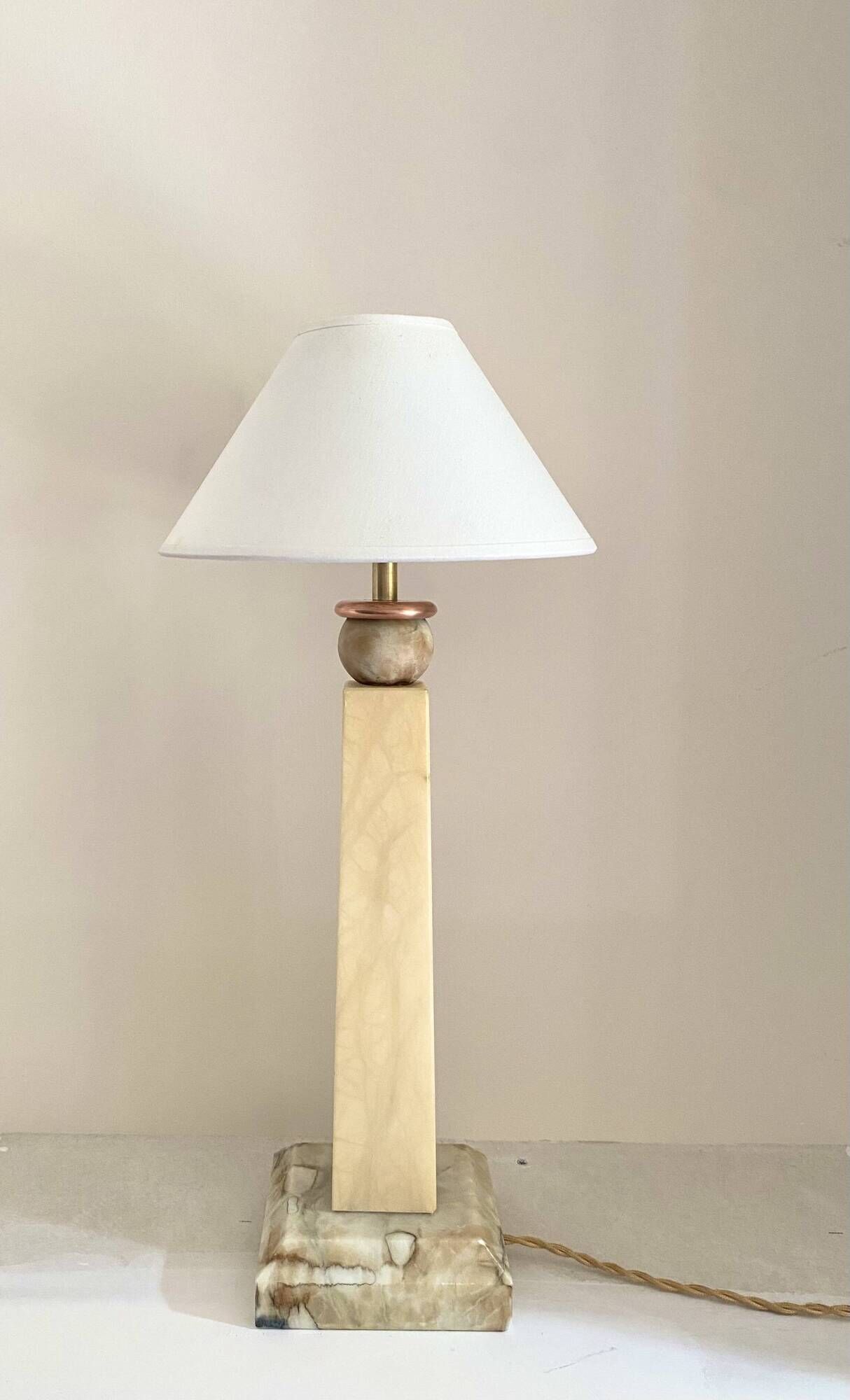 Alabaster lamp, 2M braided fabric cable, cotton shade