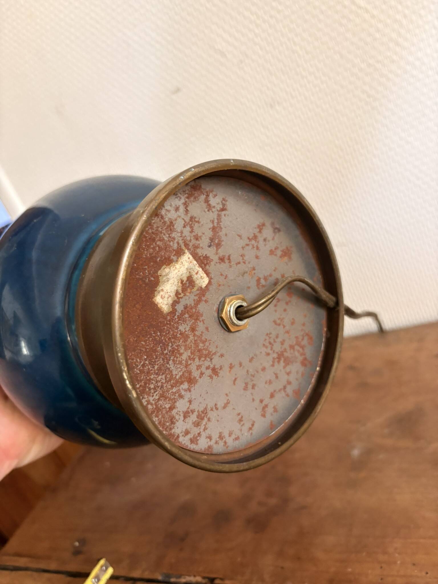 Blue Enamelled Ceramic Lamp Base Brass Vintage Oil Lamp Style