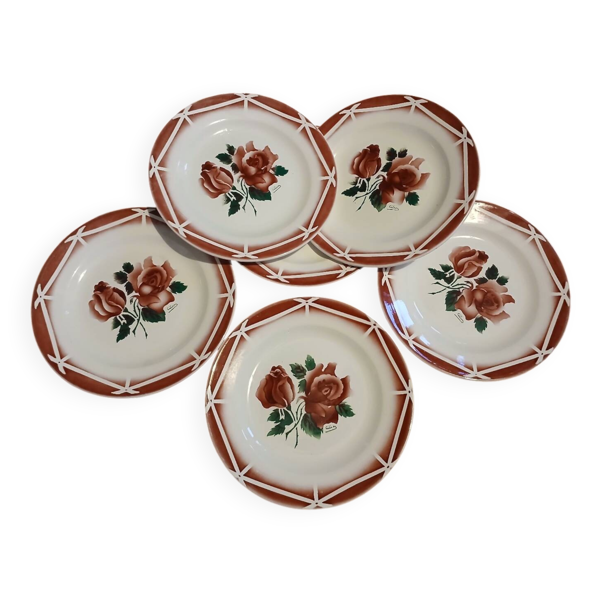 6 assiettes à dessert anciennes Digoin et Sarreguemines