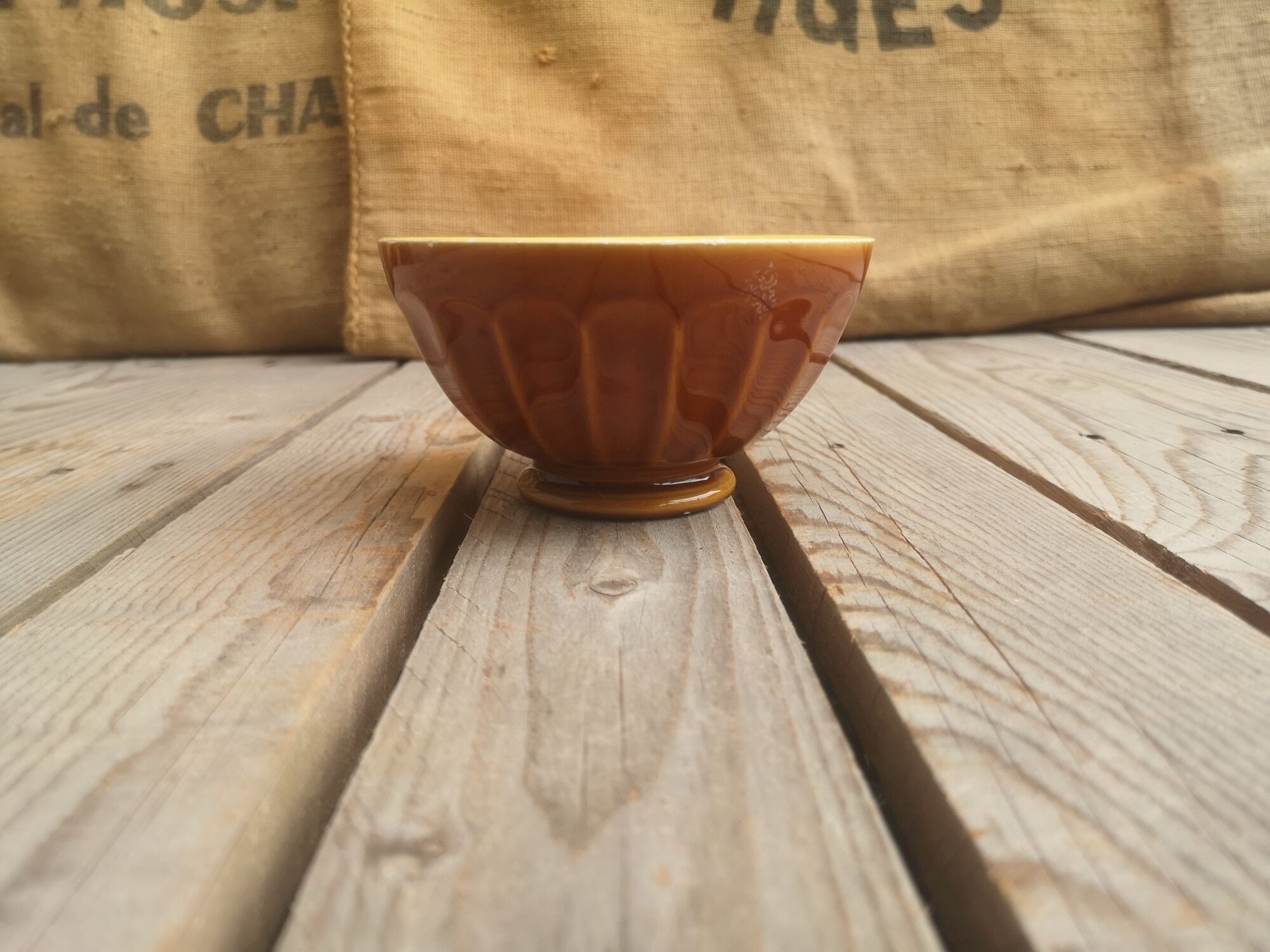 Brown and yellow ceramic bowl Digoin Sarreguemines