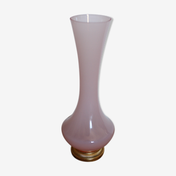 Vase soliflore vintage en opaline rose et laiton doré