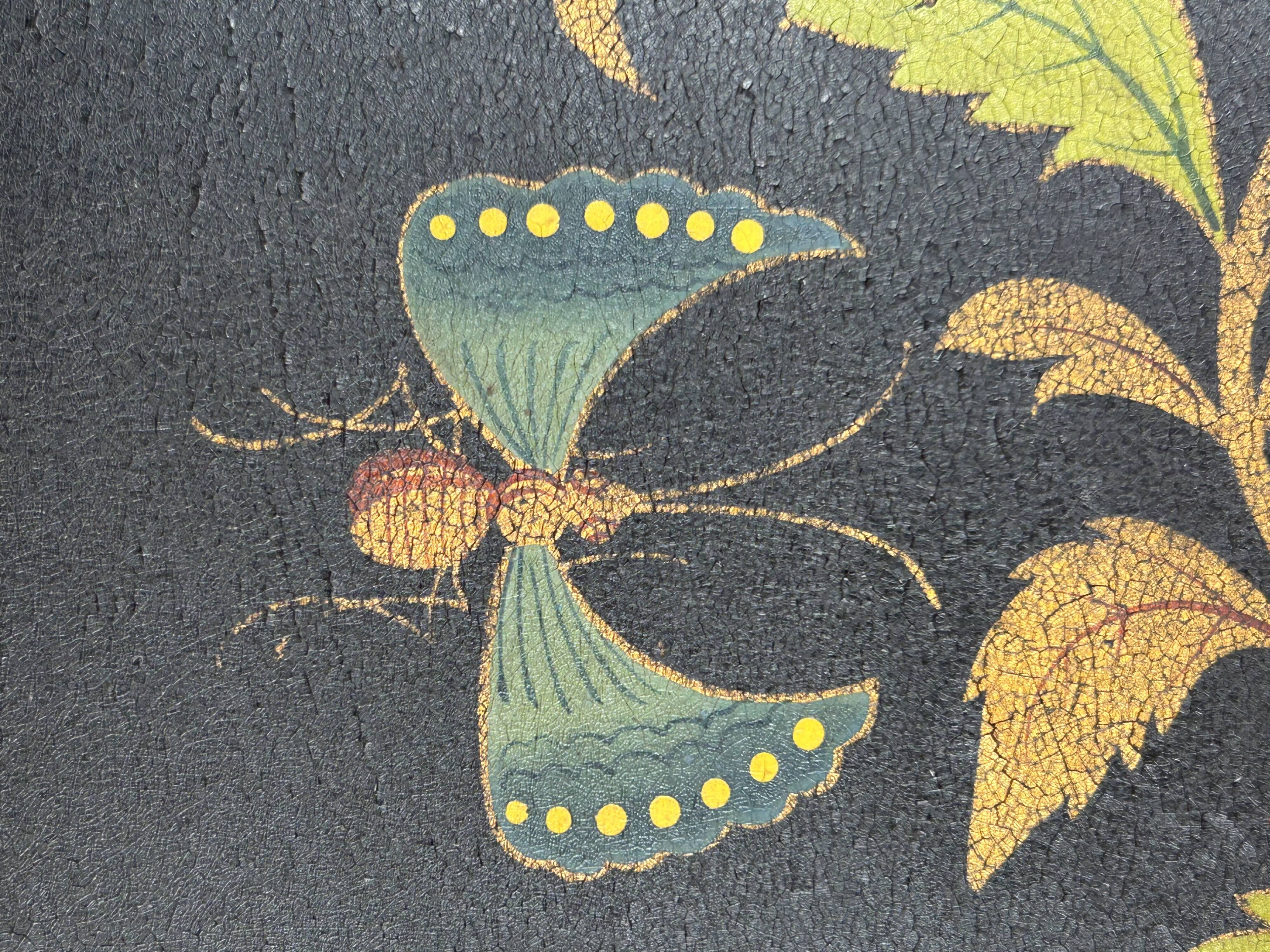Oval tray, 19th century, hand-painted sheet metal, butterfly & bouquet, Napoleon III