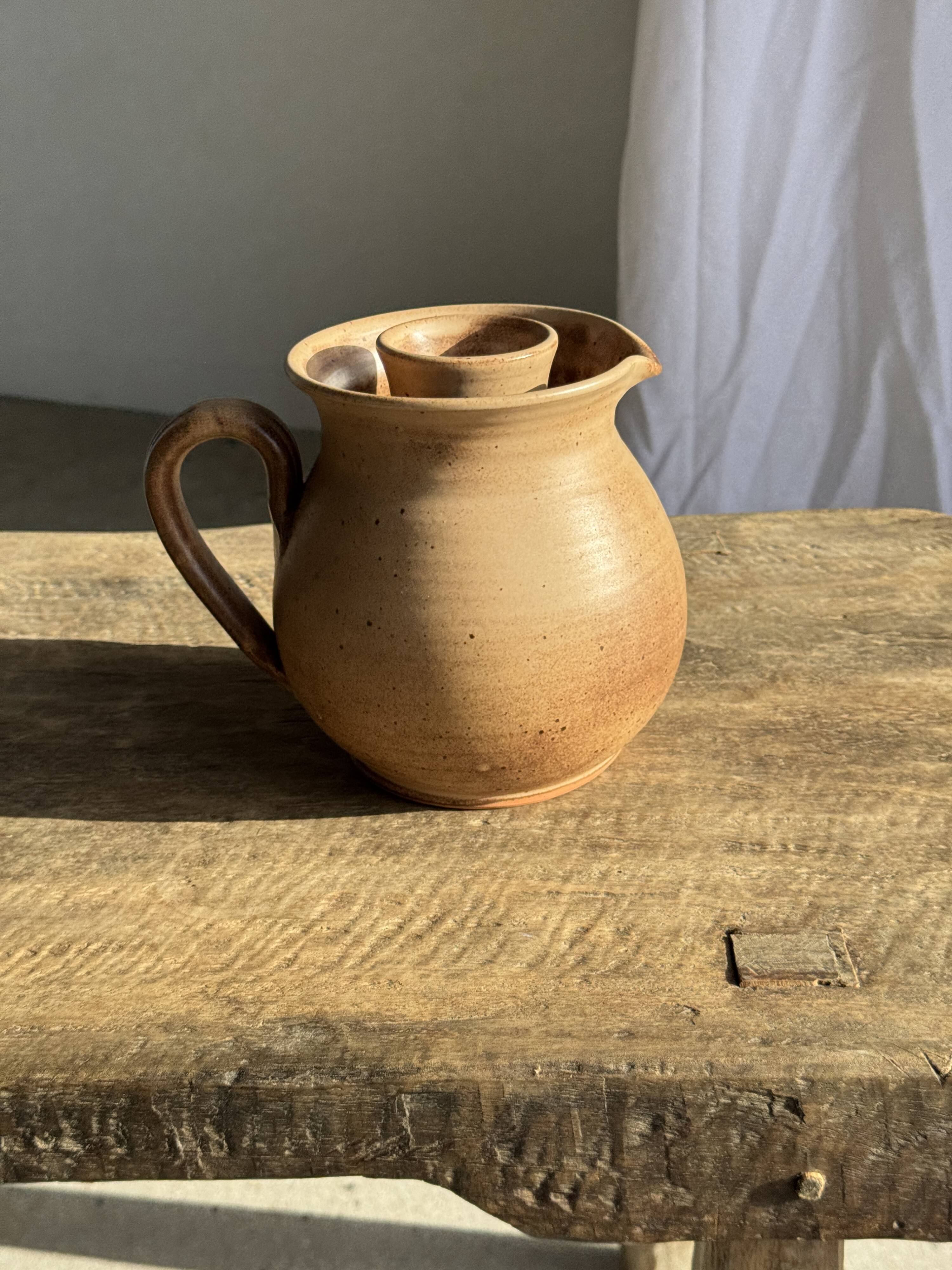 Vintage brutalist stoneware pink wine cooler pitcher H19