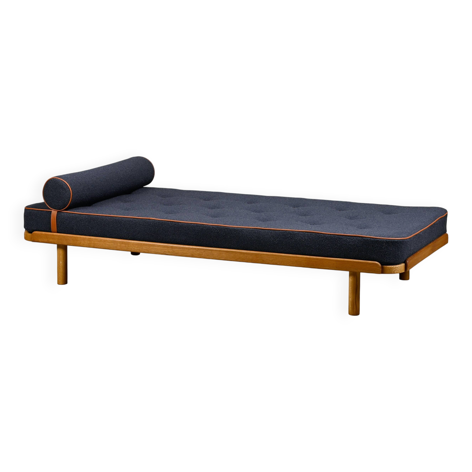 Scandinavian Daybed in Oak and dark Blue bouclé fabric with Leather accents