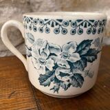 Cup and saucer old Iron earth stamped H.B.C.M Guadeloupe decoration flowers blue-green