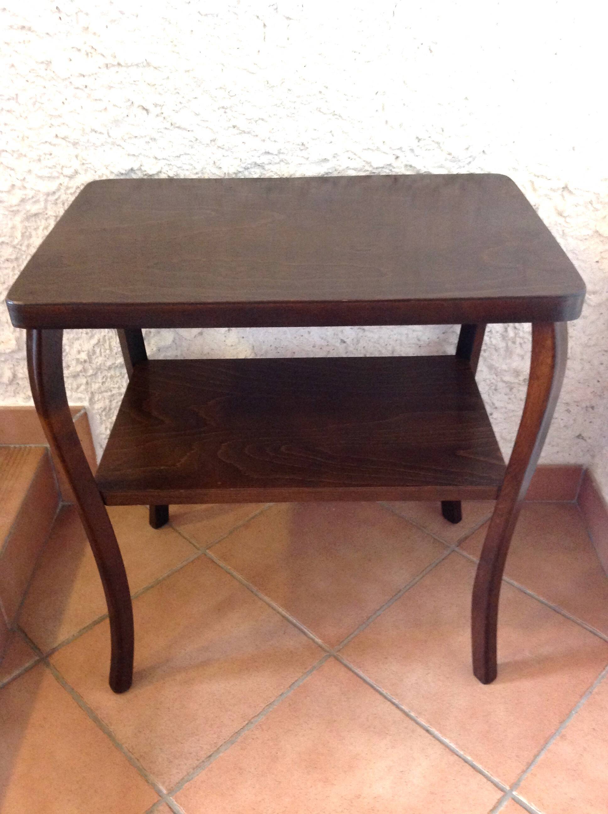 Varnished wooden stand with two shelves and curved legs / 50s-60s