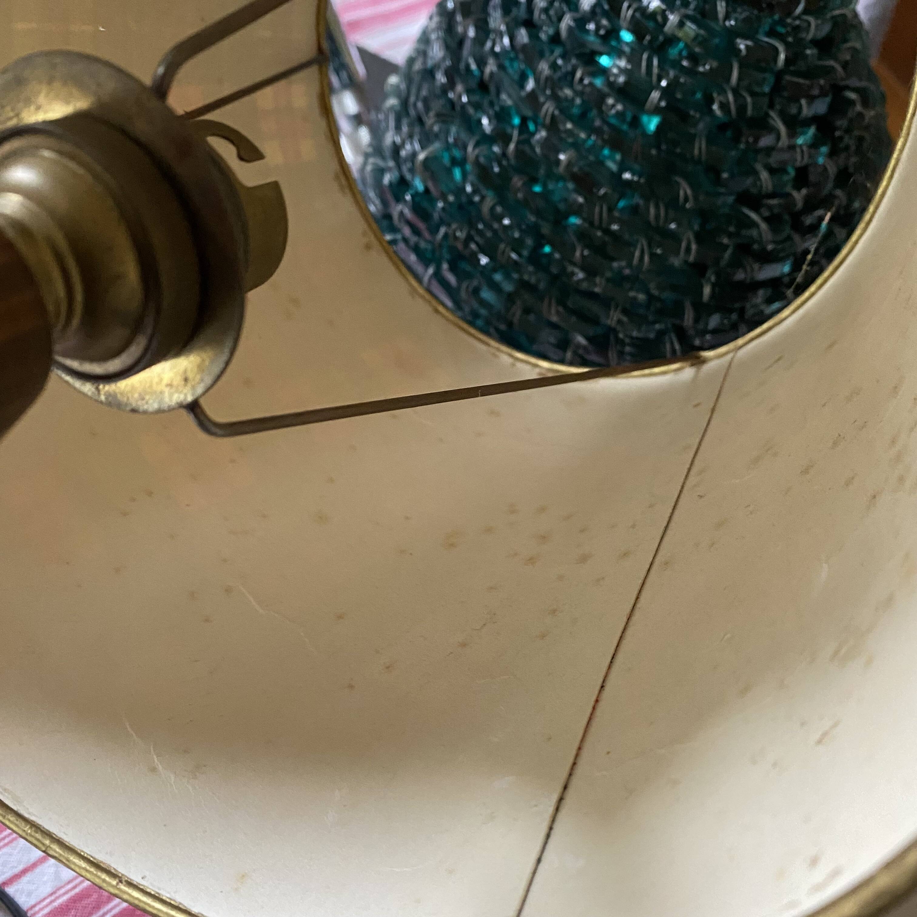 Turned wooden lamp, tartan lampshade.