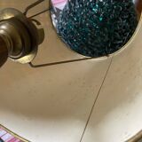 Turned wooden lamp, tartan lampshade.