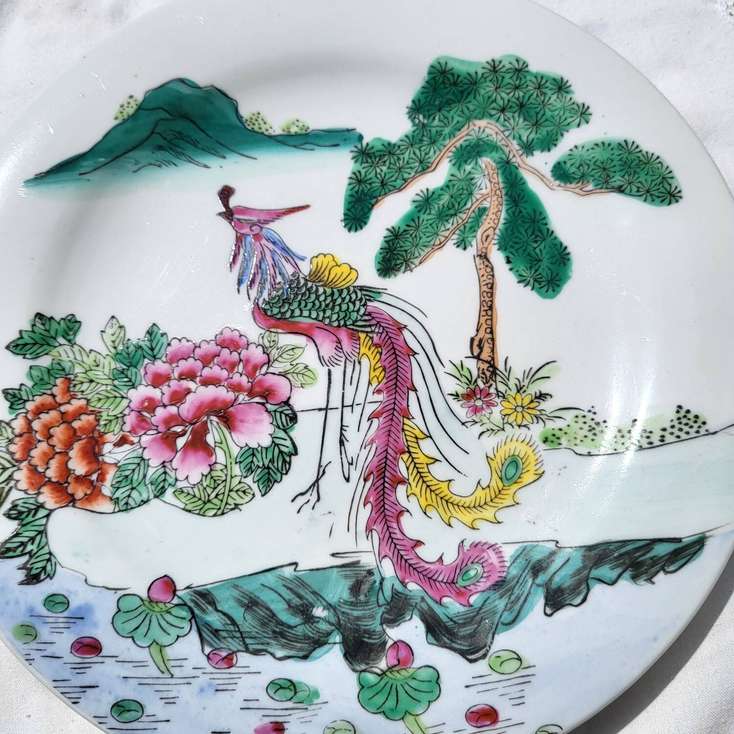 Set of 3 vintage plates gardens and Asian birds