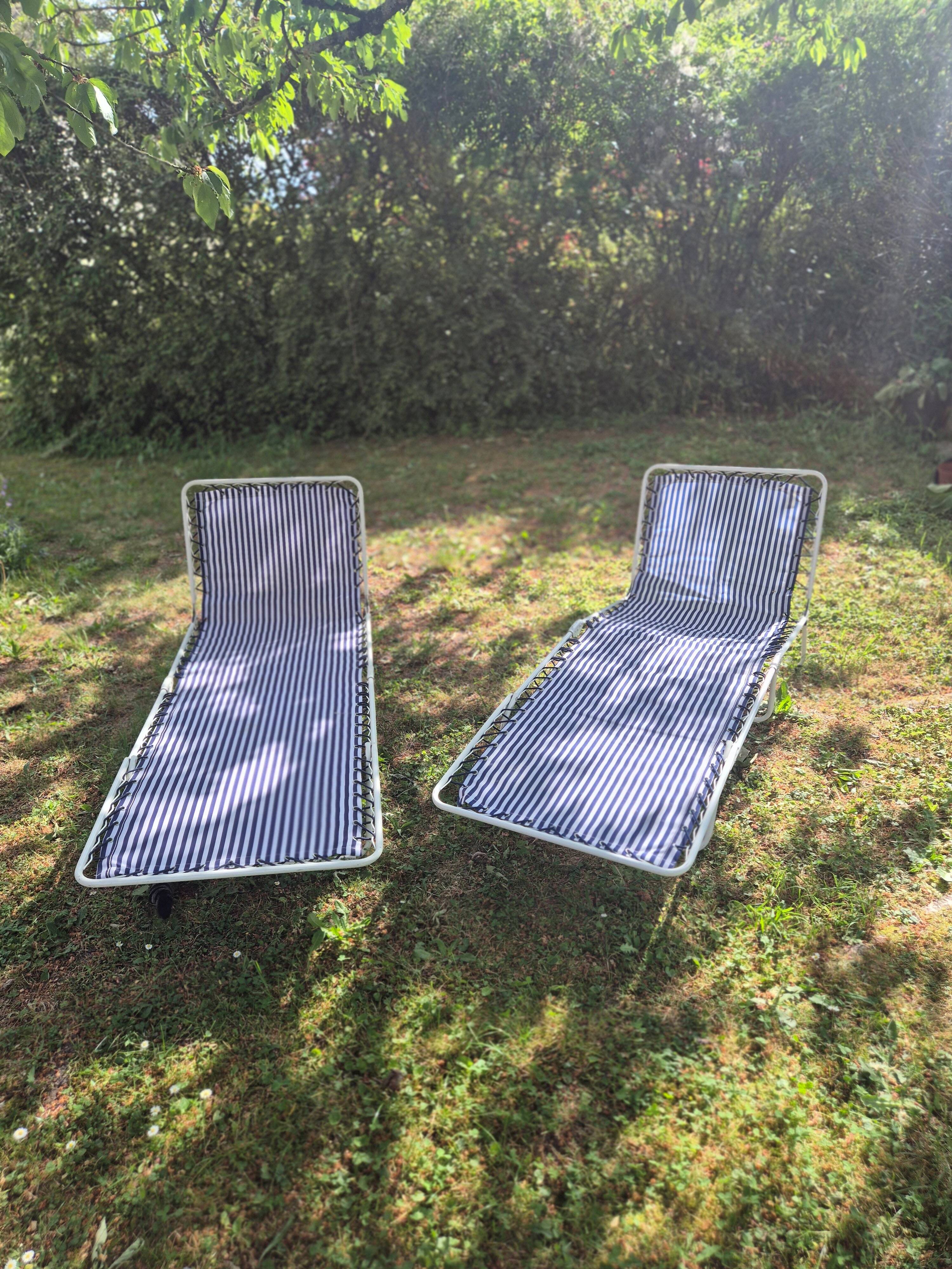 Lot de 2 transats vintage lafuma mariniere a rayures blanche marine