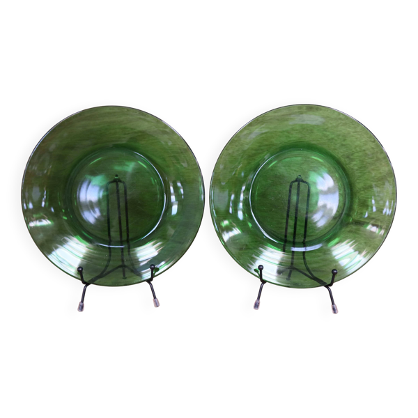2 assiettes plates vintage verte en verre trempé Vereco France