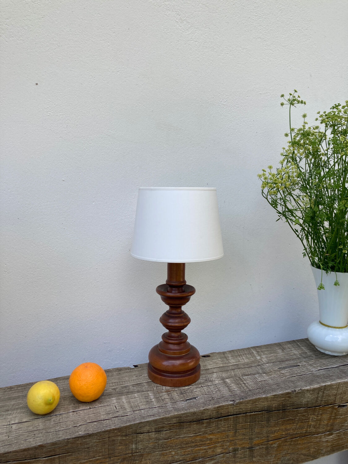 Vintage turned wooden lamp and white lampshade