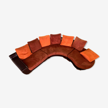 Modular rounded bench Roche Bobois 1980 leather and fabric with original cushions