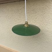 Vintage pendant light with green and white enamelled sheet metal lampshade and LED electricity