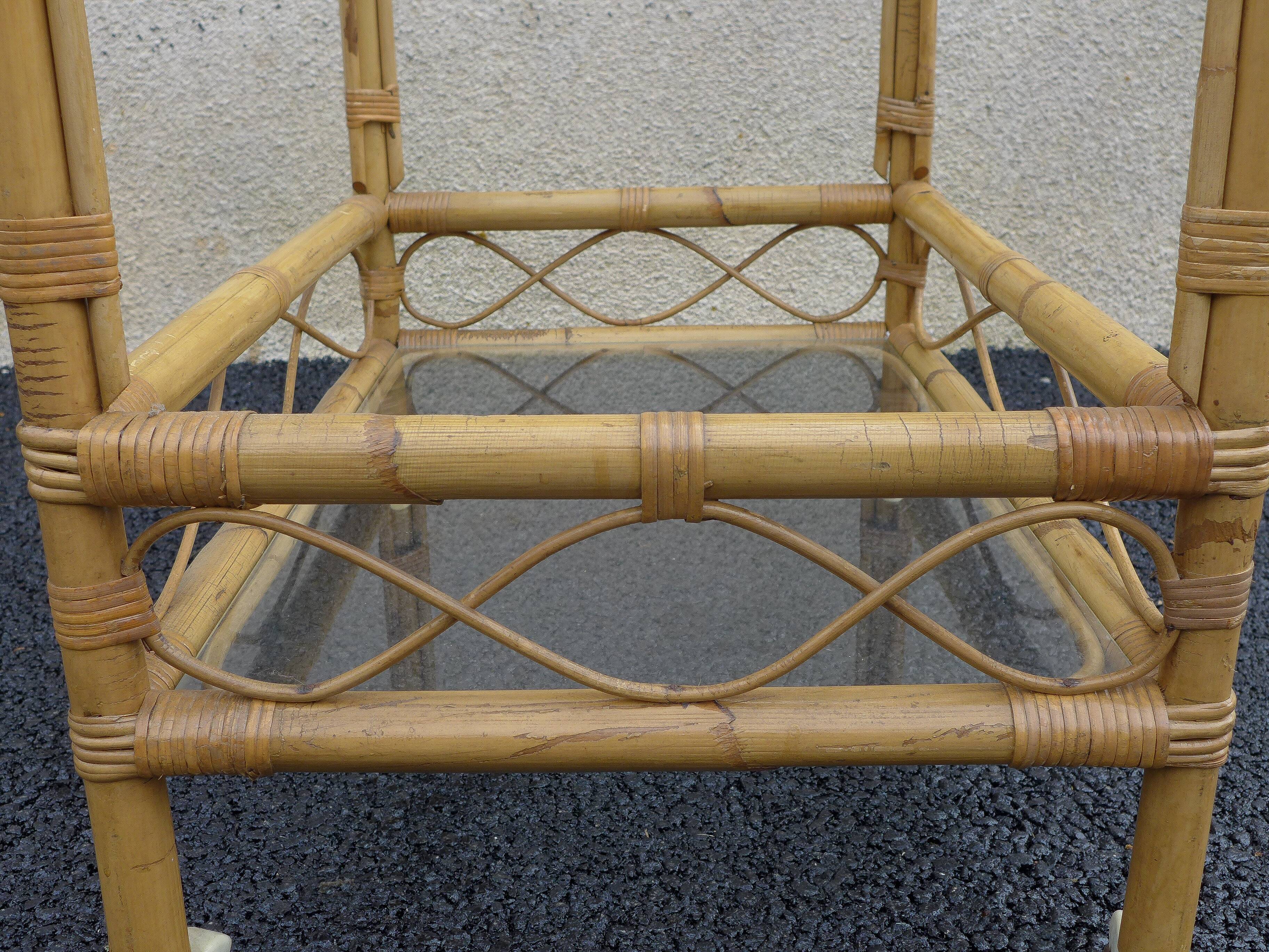 Bamboo service, wheeled cart, rolling bar, bar, vintage dessert