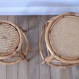 Pair of honey-colored rattan stools/plant holders in the 60s