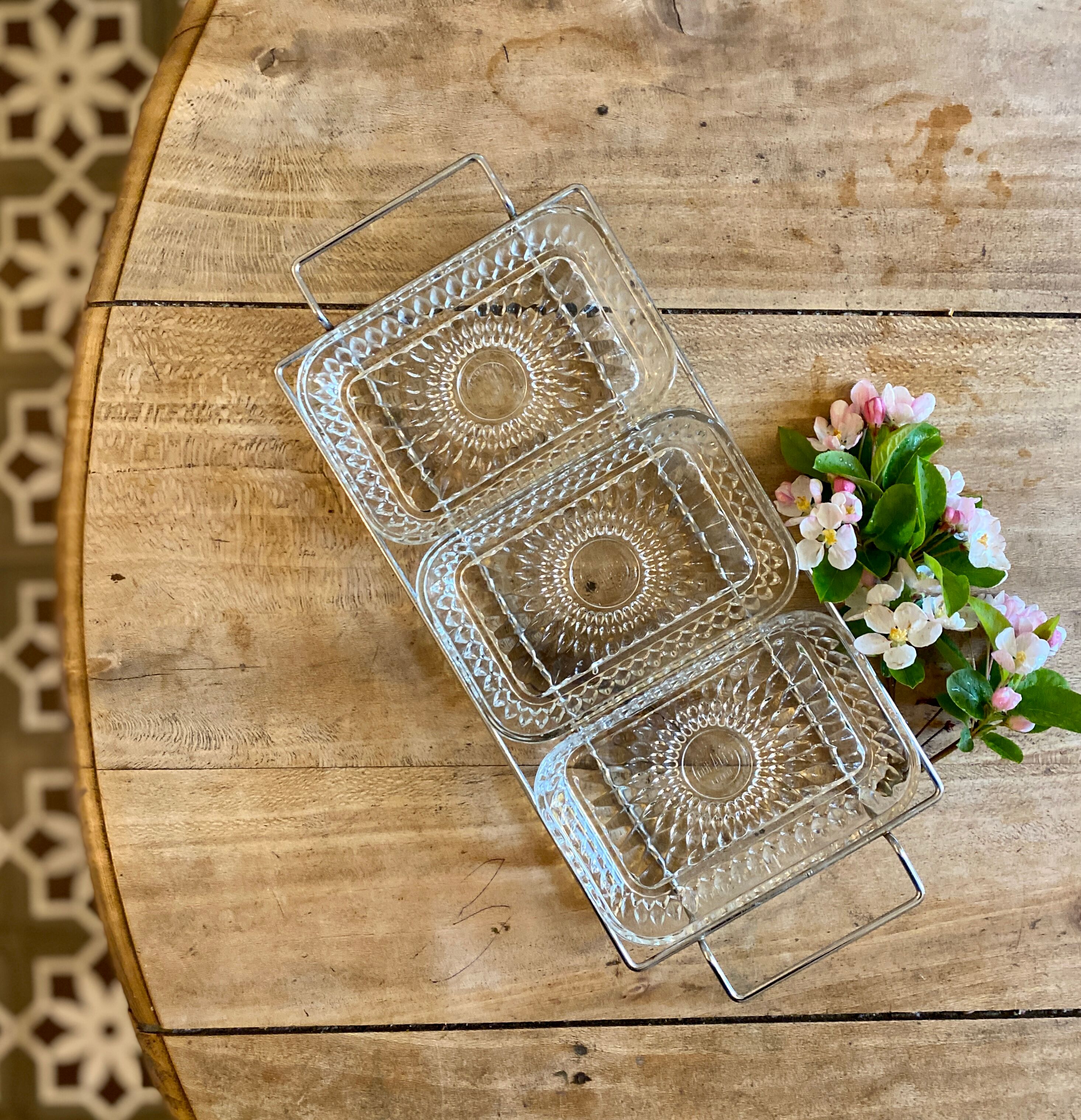 Duralex vintage glass and silver metal tray/servant