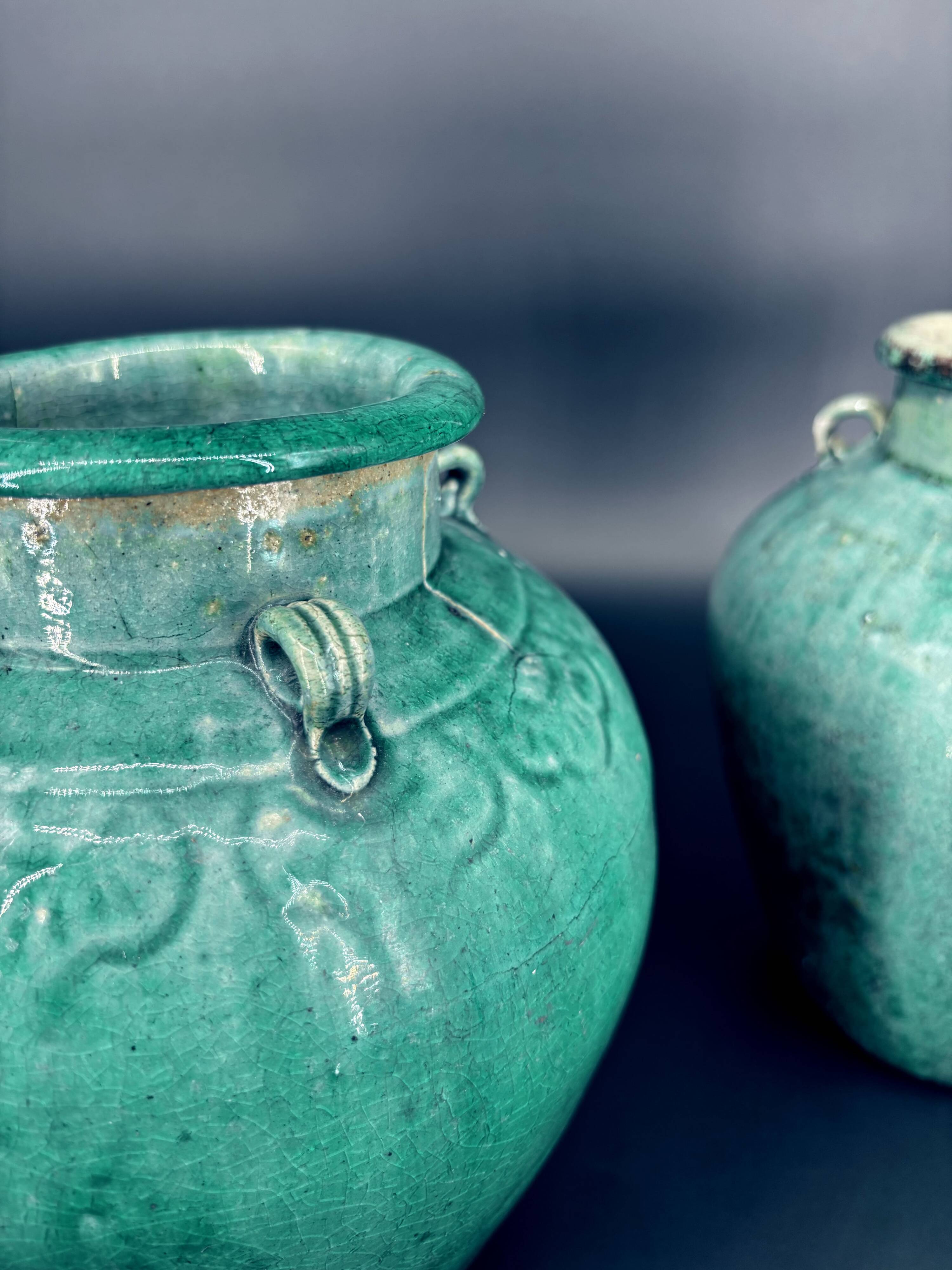 Pair of ancient turquoise glazed stoneware vases, China, late 19th century.