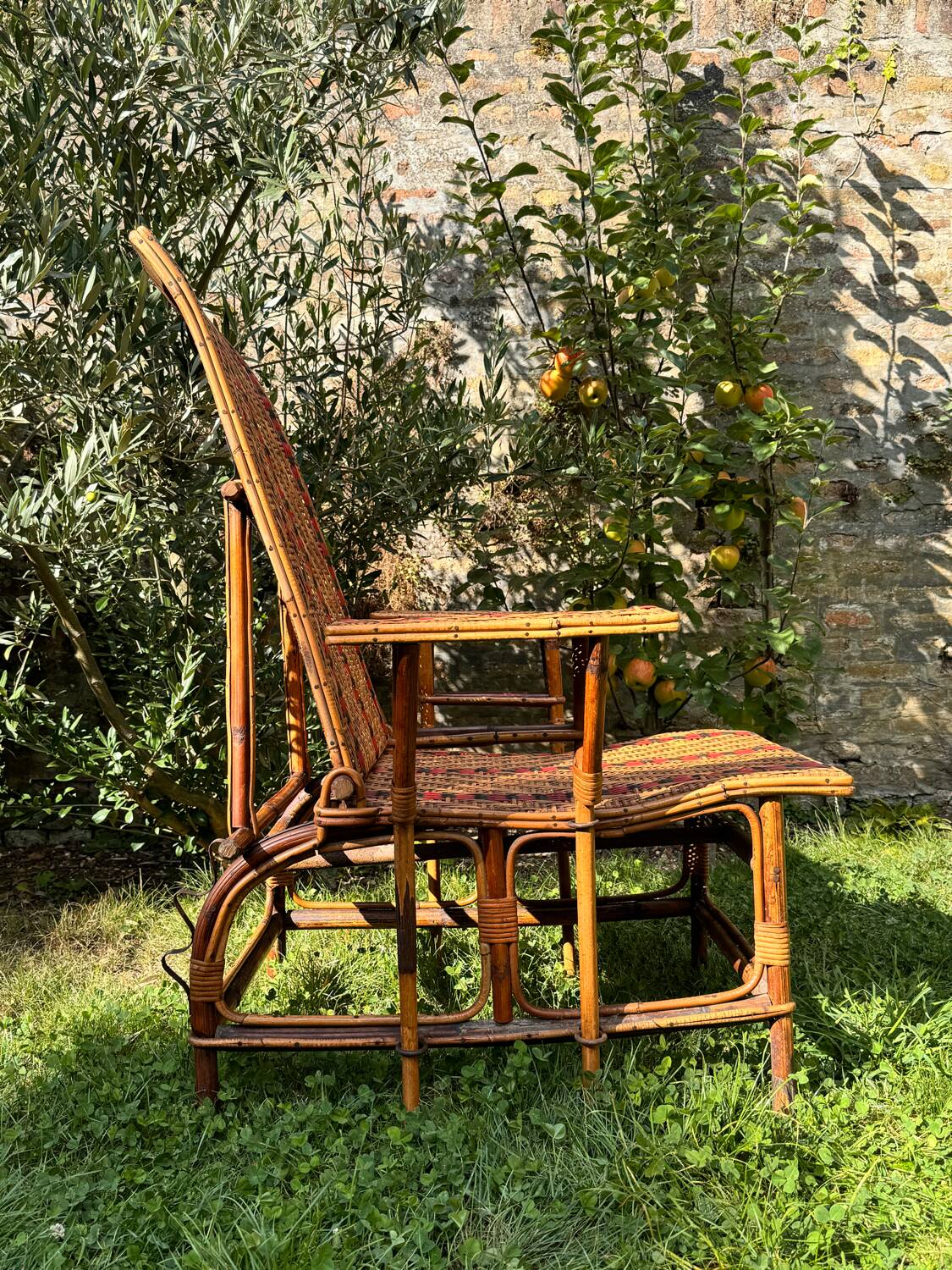 Antique rattan and wicker chaise longue, circa 1930