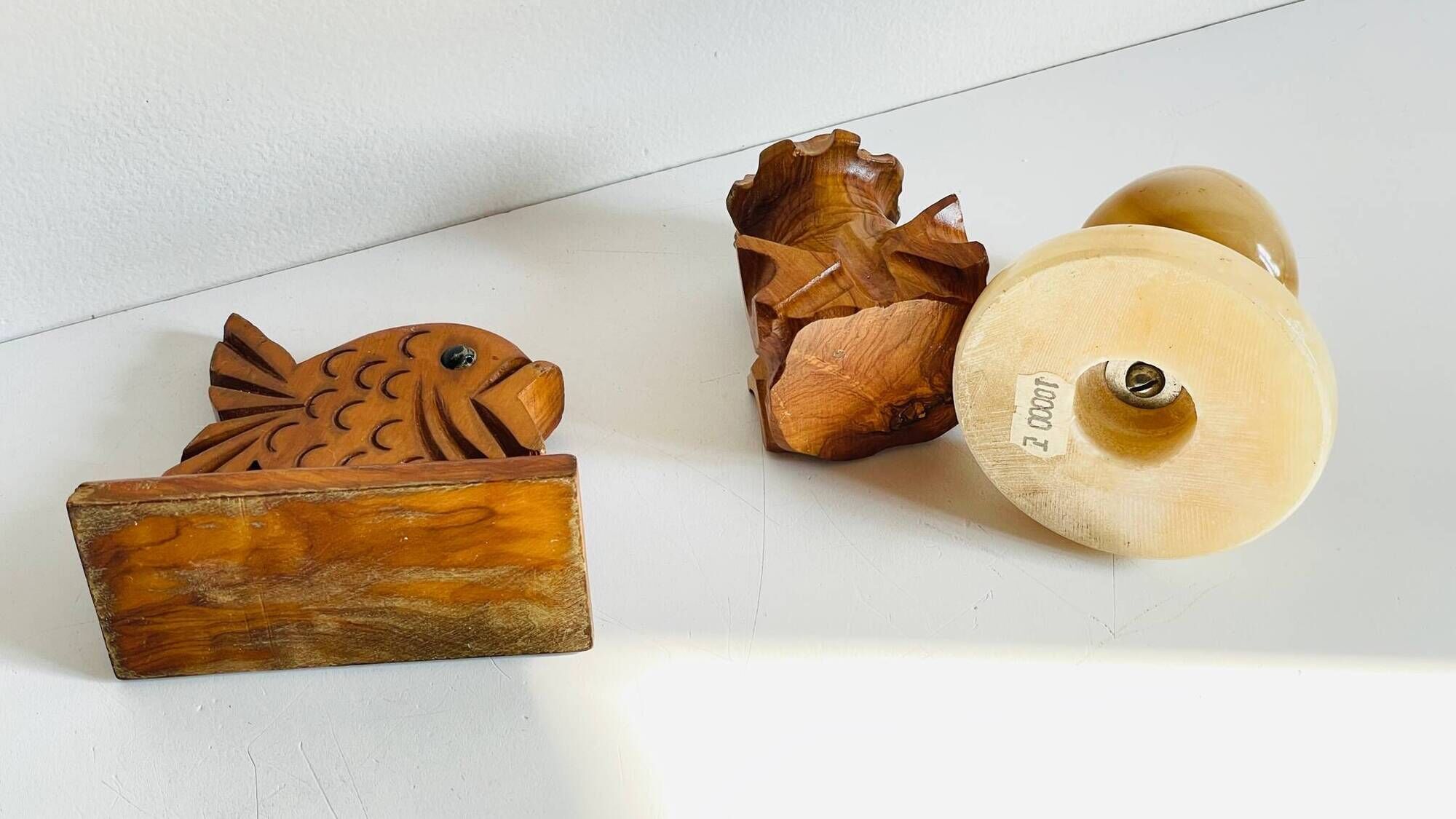 Trio of vintage wood and onyx candle holders