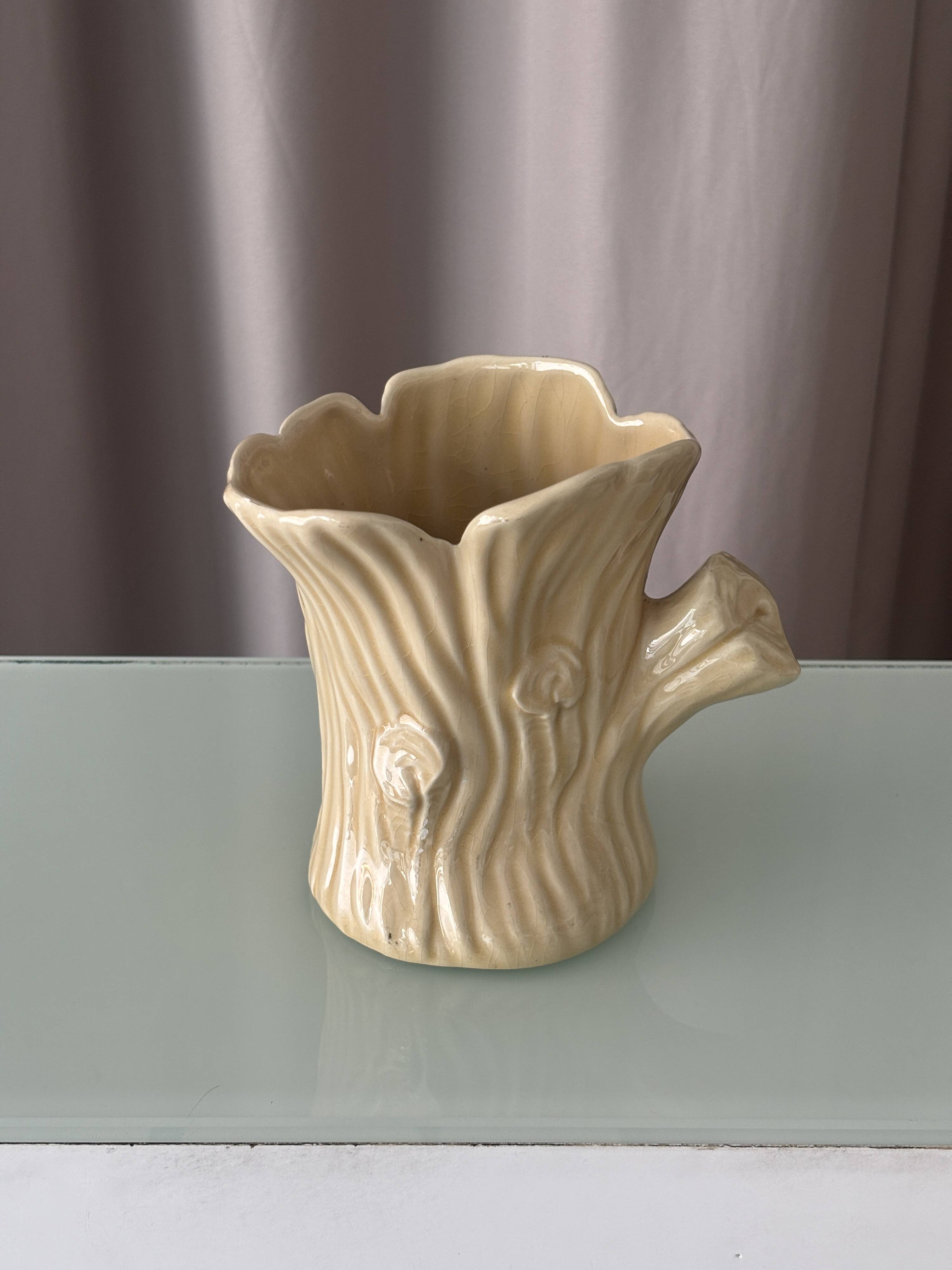 Vintage Italian Ceramic Tree Stump Vase – Bark Texture – Made in Italy
