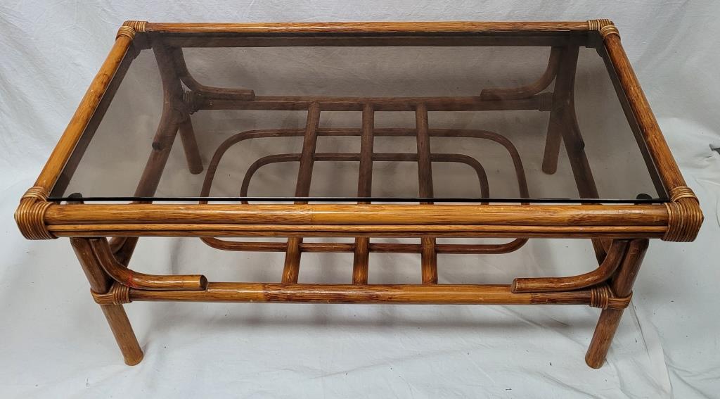 Rattan coffee table and smoked glass, 70s