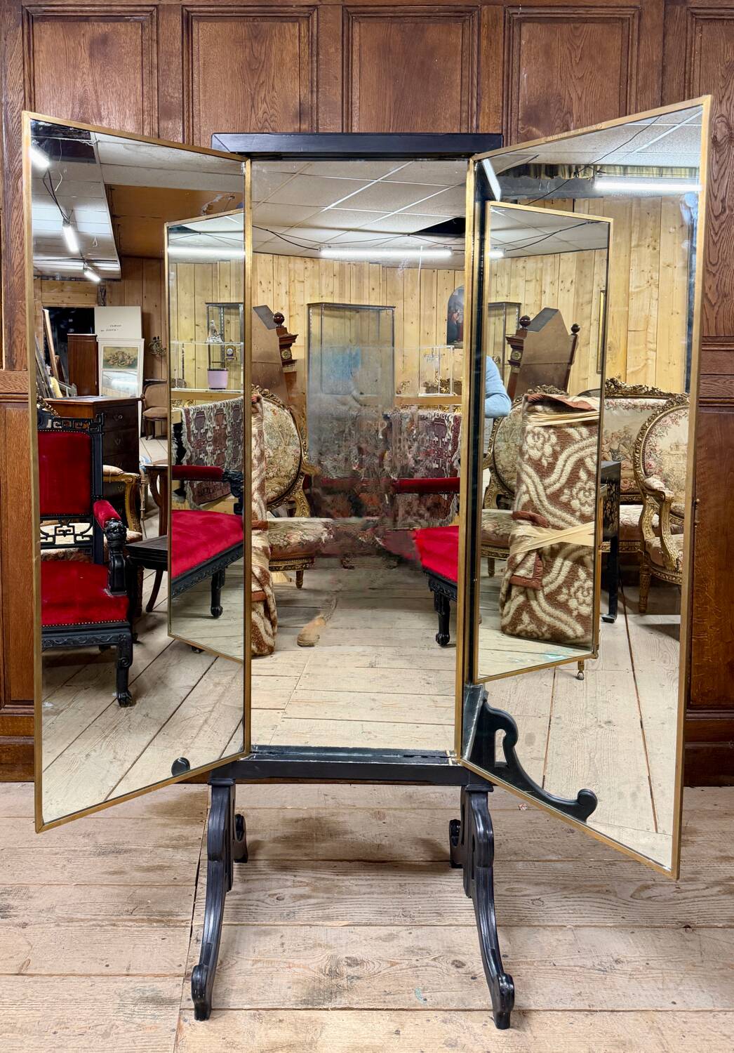 Brot mirror on legs, triptych glass in blackened wood, brass, Art Deco