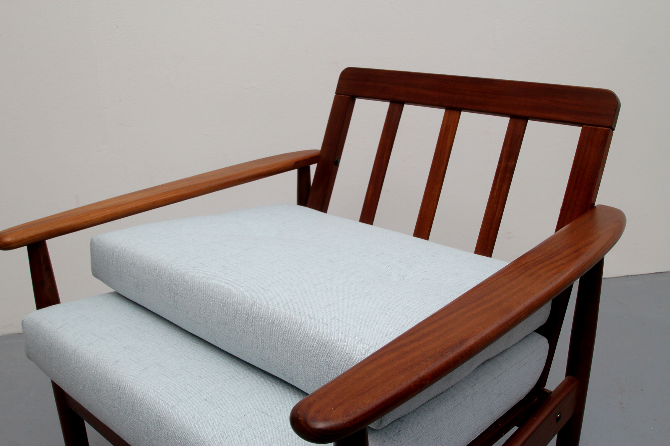 1960s teak armchair new cushions in grey-blue