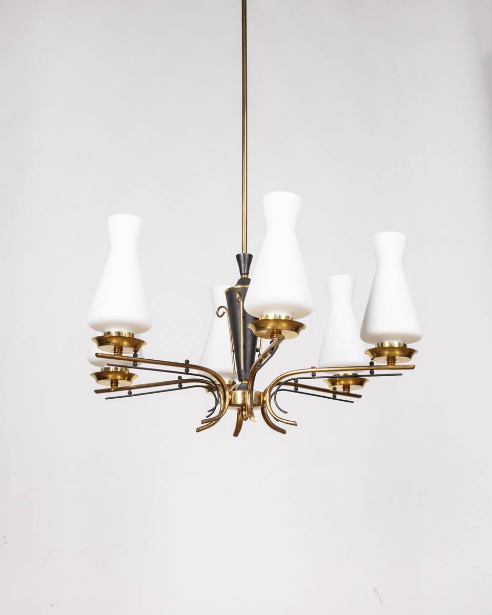 VINTAGE 50'S CHANDELIER IN BRASS AND GLASS ITALIAN DESIGN