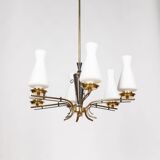 VINTAGE 50'S CHANDELIER IN BRASS AND GLASS ITALIAN DESIGN