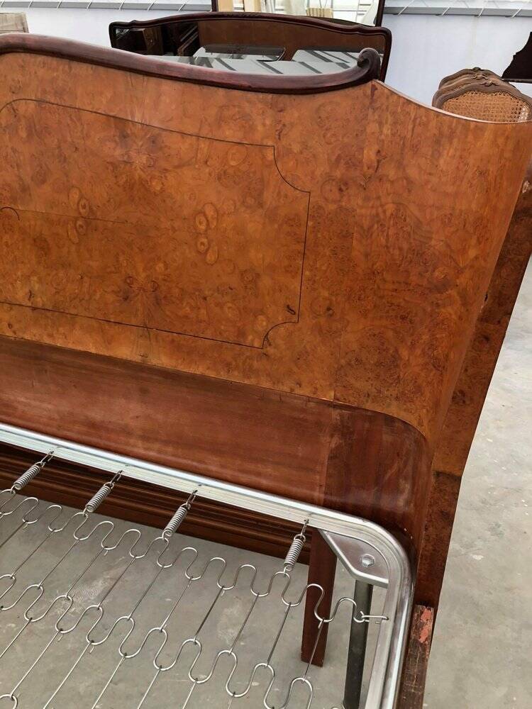 Brown lacquered wooden double bed frame in Mid-Century style from the 1940s.