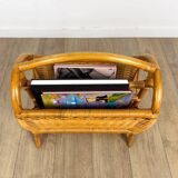 Vintage caramel-colored bamboo and rattan magazine rack