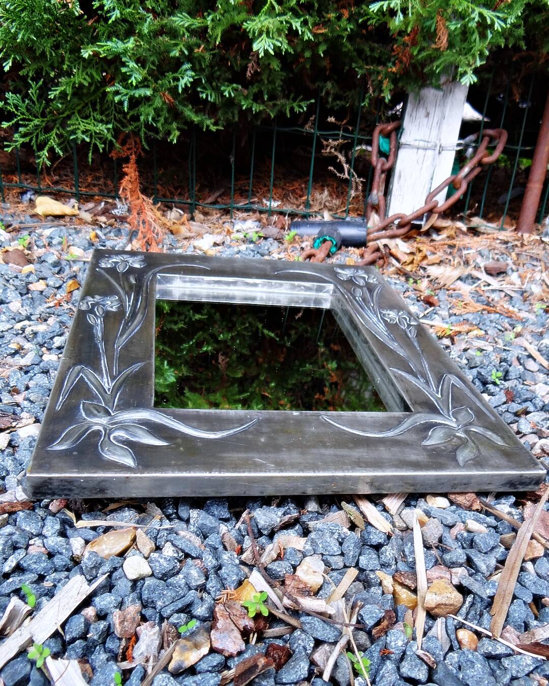 Vintage 70s Art Nouveau style hand-embossed tin wall mirror