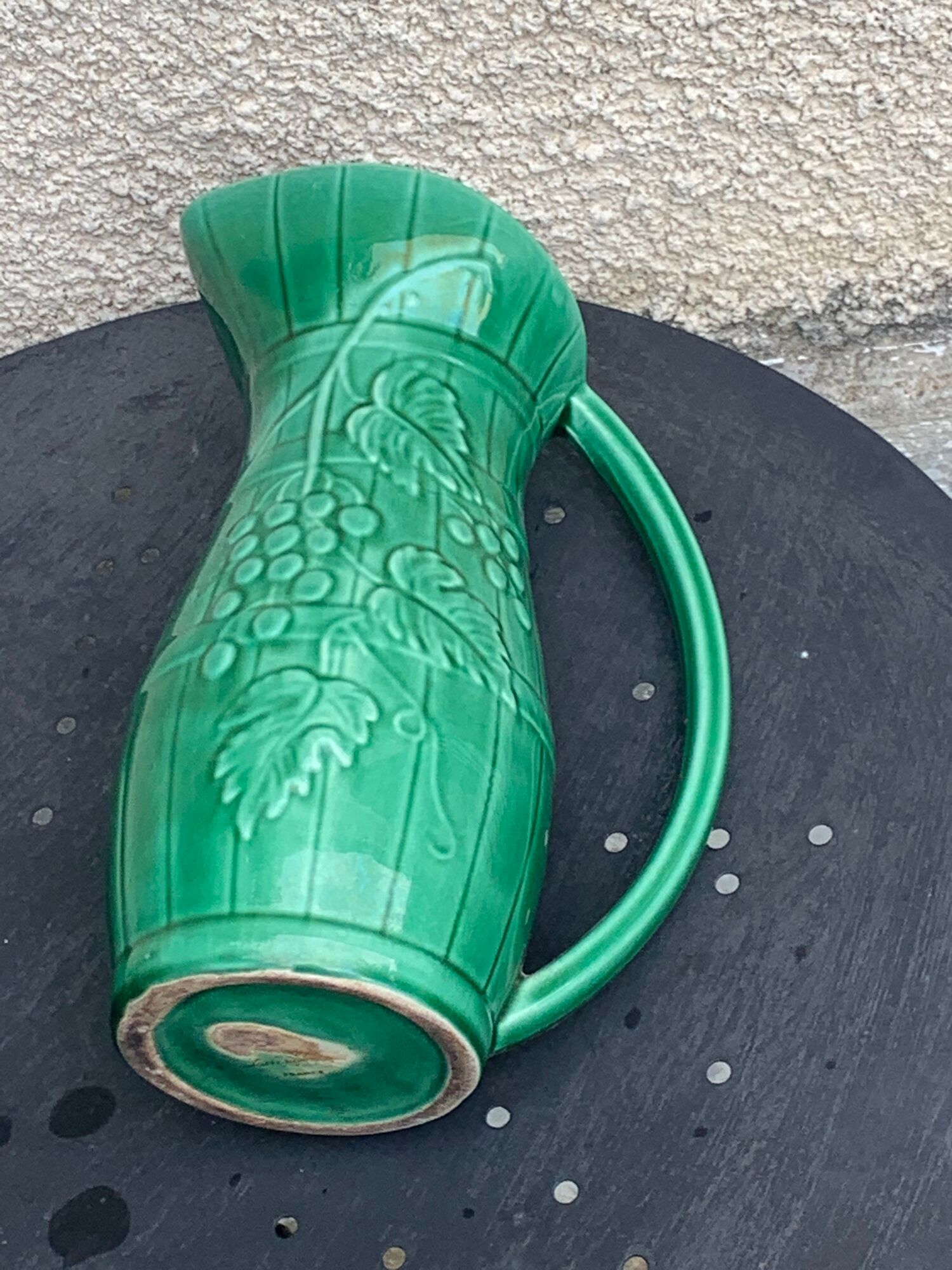 Green enamelled ceramic slurry jug Sarreguemines France