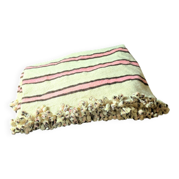 Couverture Berbère vintage rayée rose fluo noir et crème en laine