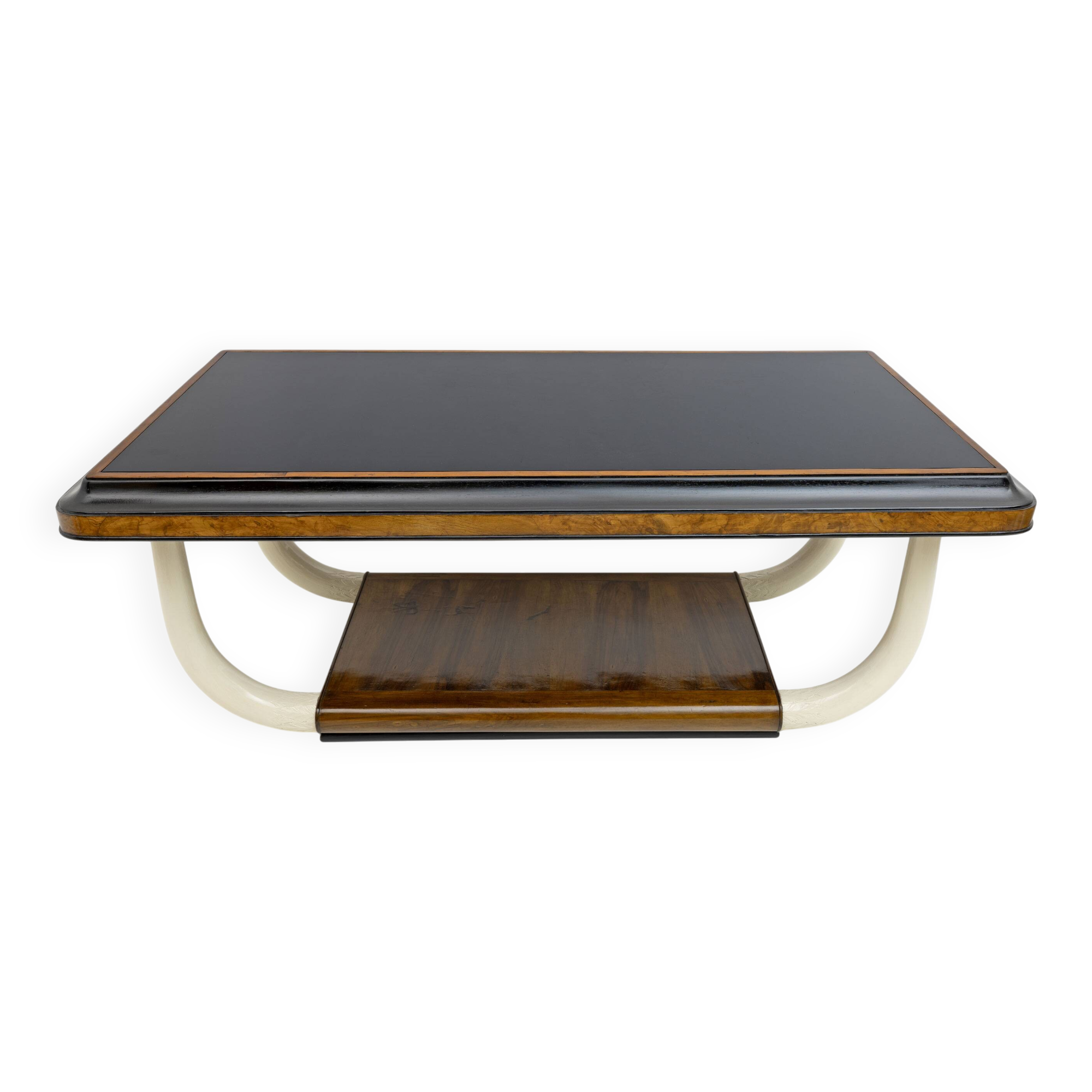 Art Deco Italian Walnut and Top Glass Table with Elephant Tusk Legs, 30s